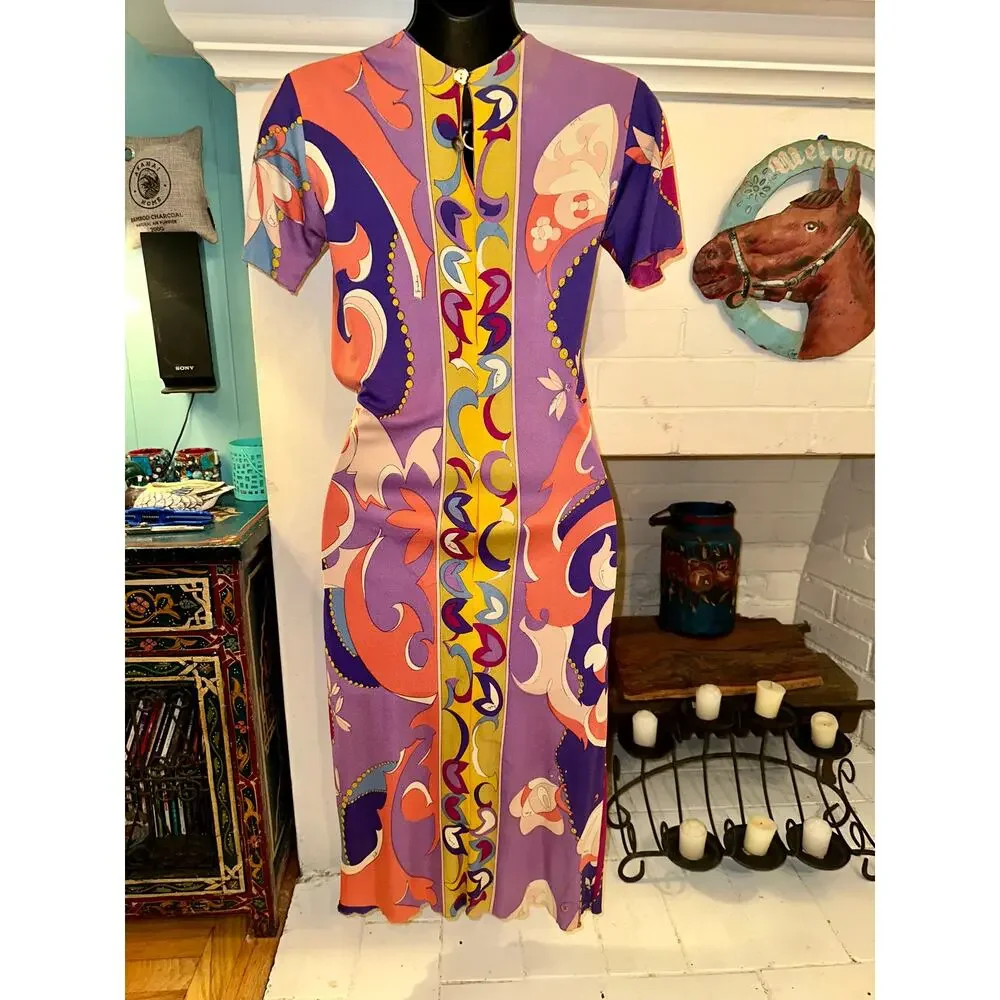 EMILIO PUCCI CUSTOM UNFINISHED VINTAGE SILK PRINT DRESS - Picture 2 of 16